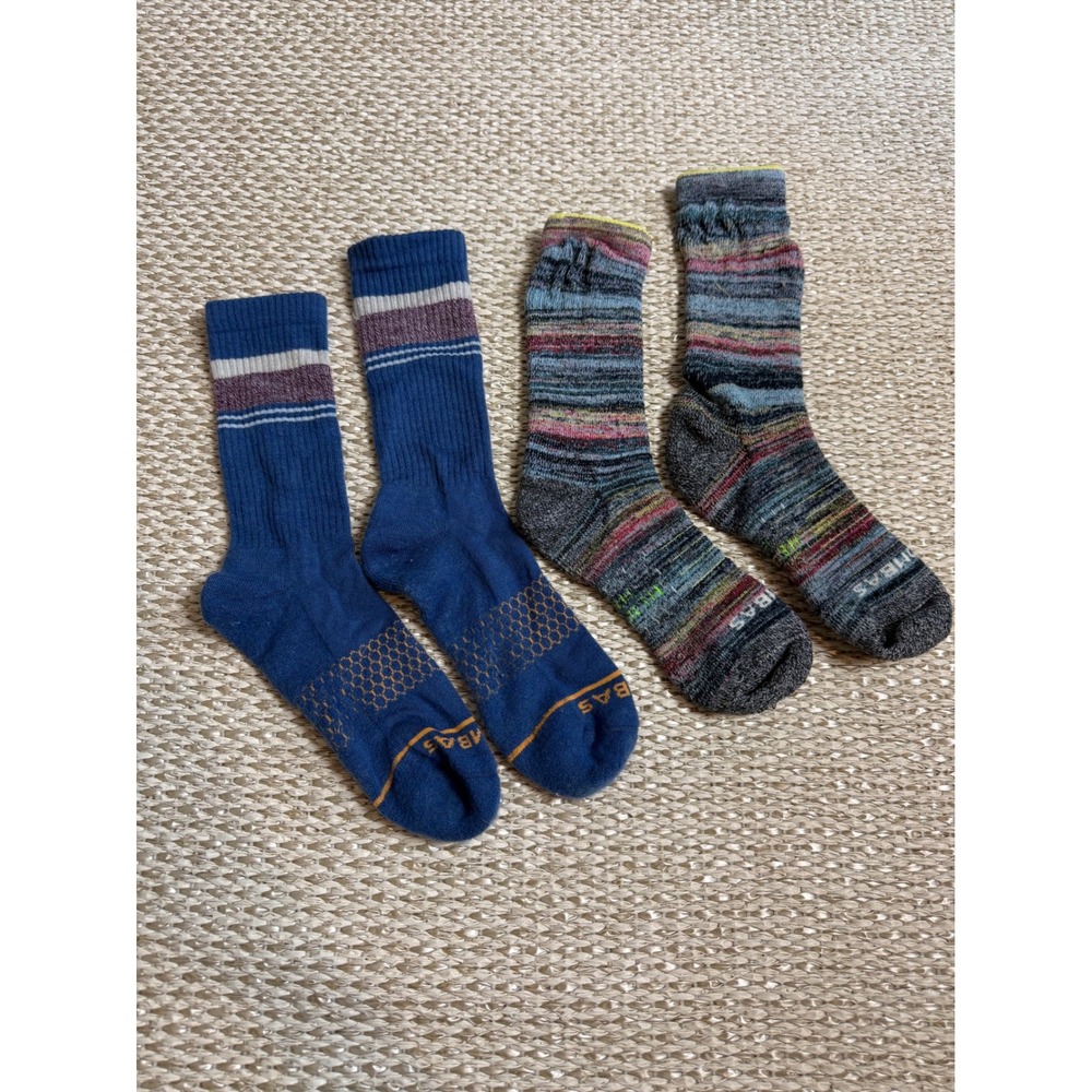 Bombas Merino Wool Blend Crew Socks Set 2 Pairs Blue Striped Space Dye Womens L